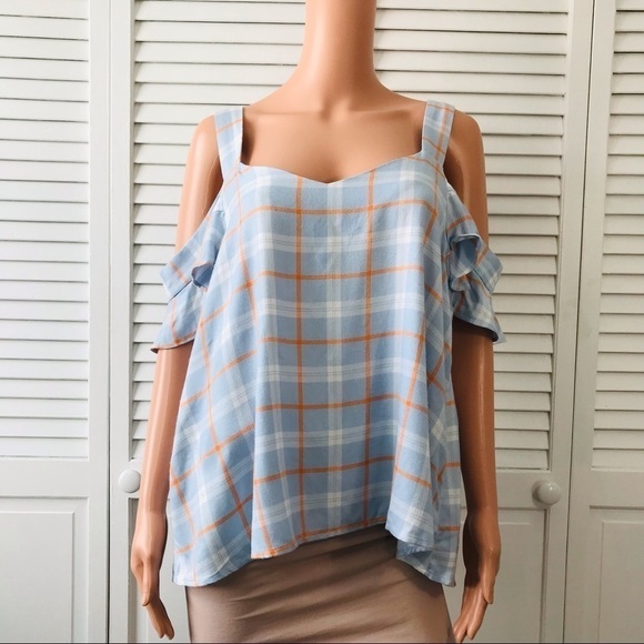 SANCTUARY Blue Orange Plaid Off The Shoulder Shirt Size Large - Picture 1 of 7
